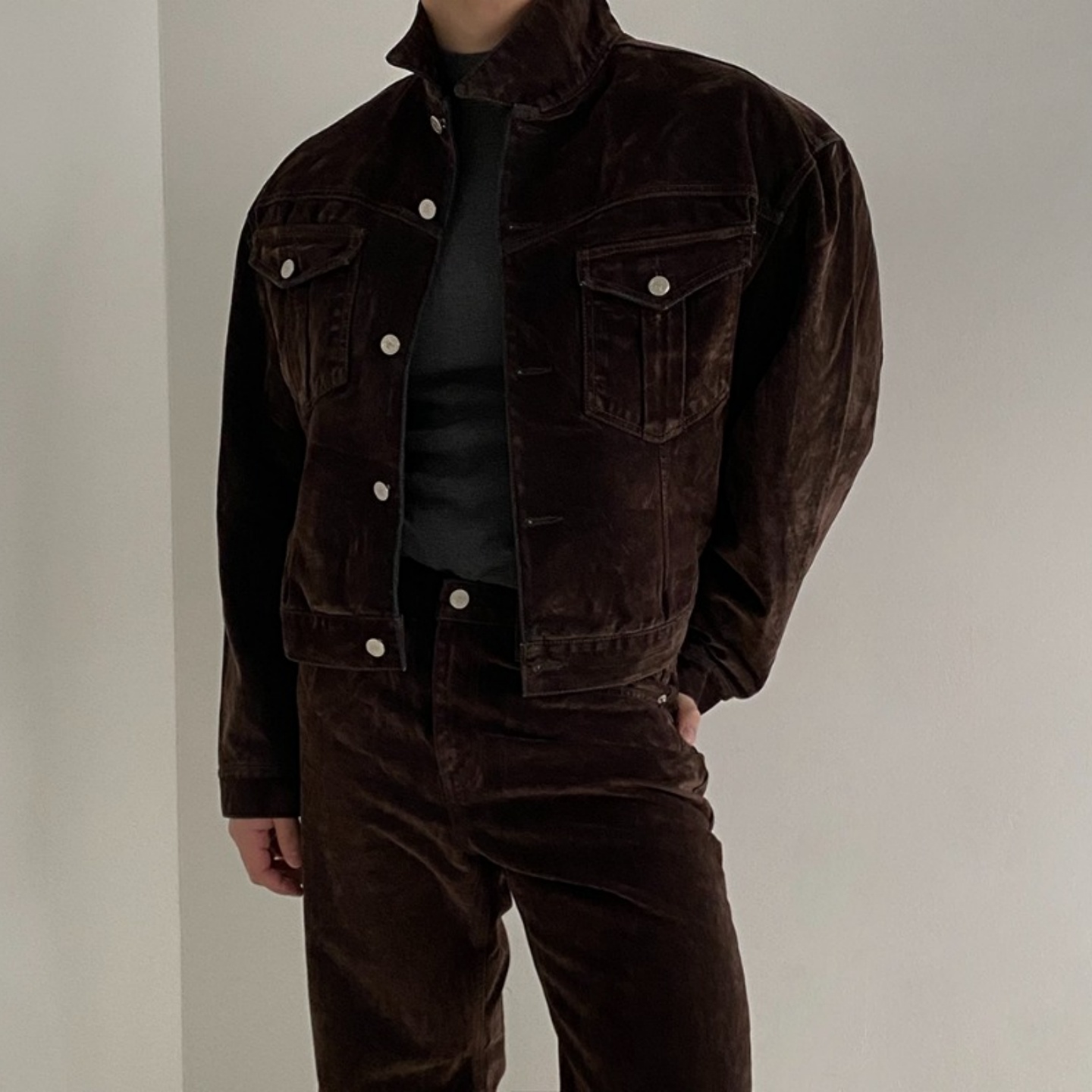 MRDONG韩国代购男装厚绒灯芯绒短夹克复古挺括冬季轻奢翻领外套