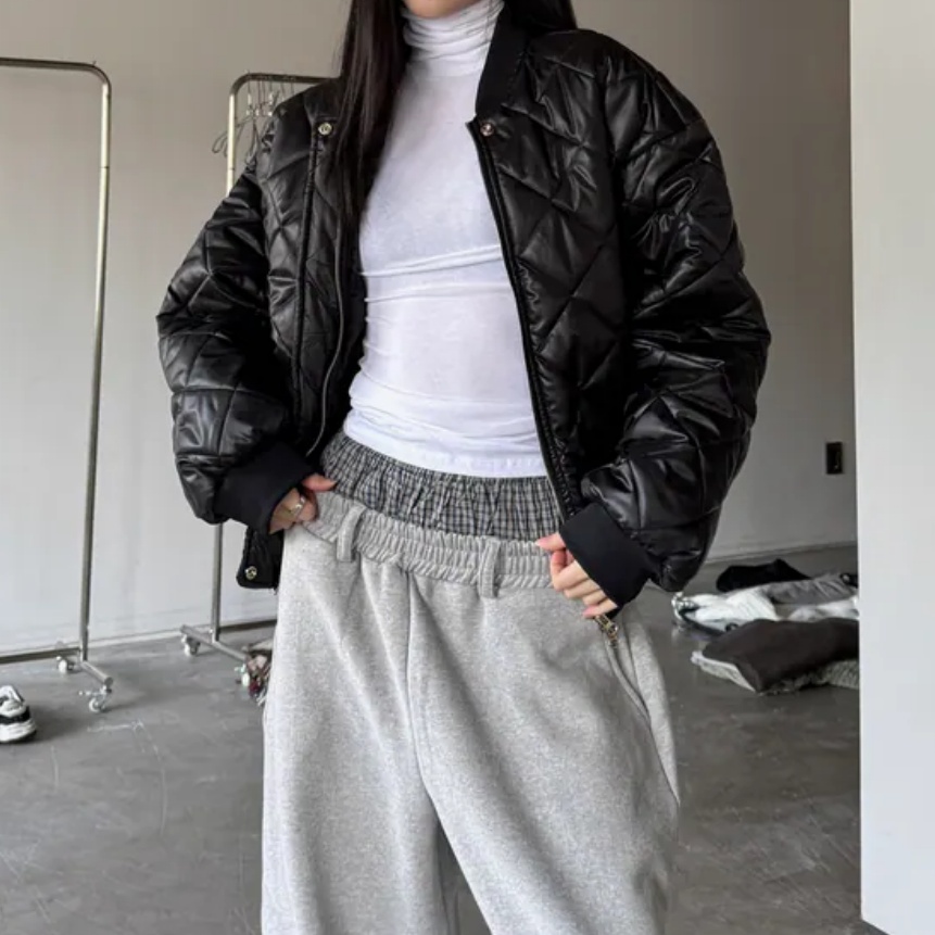 MRDONG韩国代购男女款螺纹棒球领菱格绗缝夹棉光泽感PU皮夹克外套