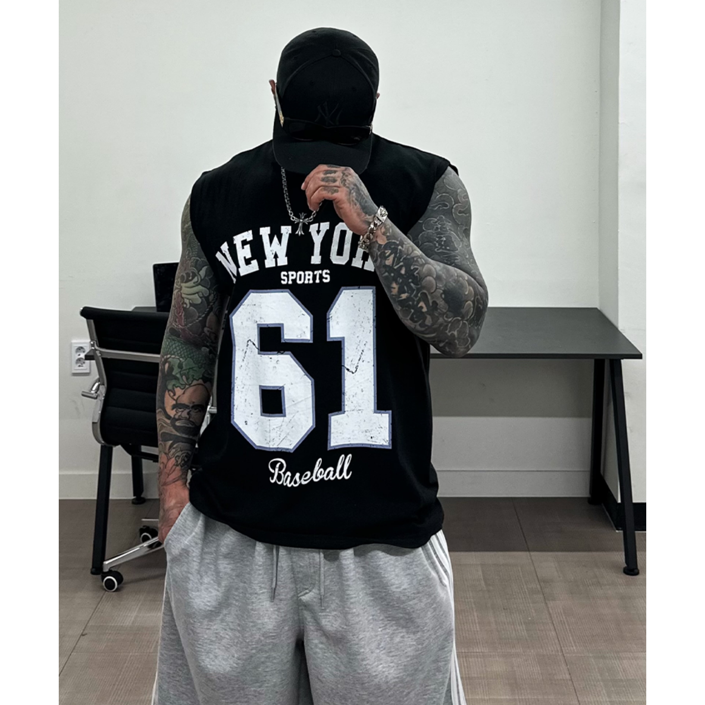 MRDONG韩国代购东大门男装NY棒球服印花无袖T恤背心宽松复古运动