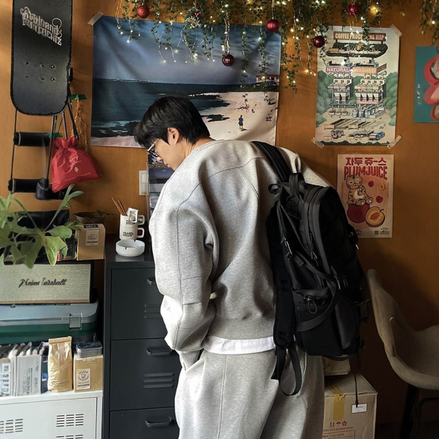 韩国代购男装直播LAINE高捻棉USA进口鲨鱼掐褶压线抓绒圆领卫衣