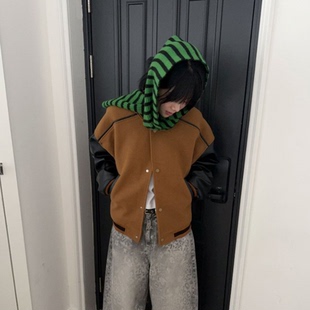 MRDONG韩国代购东大门男女撞色拼皮袖短款毛呢美式棒球服夹克外套
