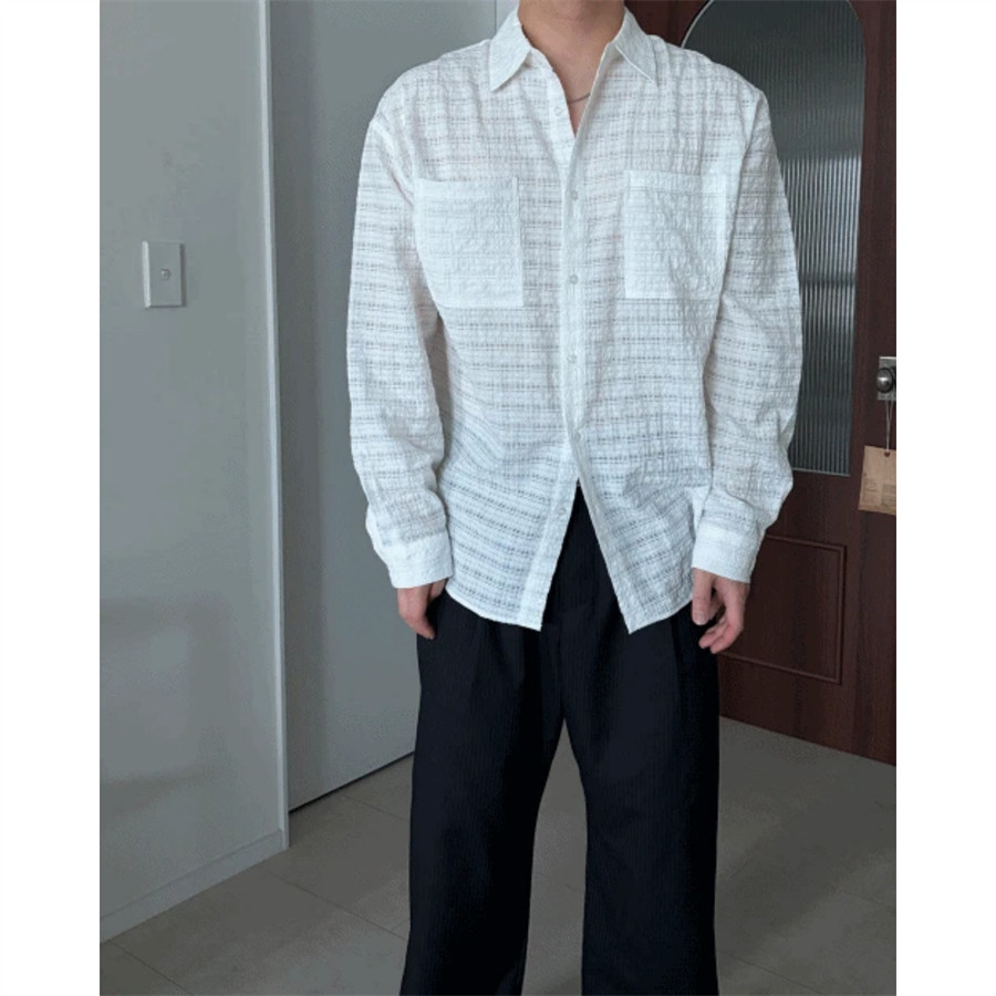 MRDONG韩国代购东大门男装皱褶肌理防晒透视格纹轻薄宽松长袖衬衫