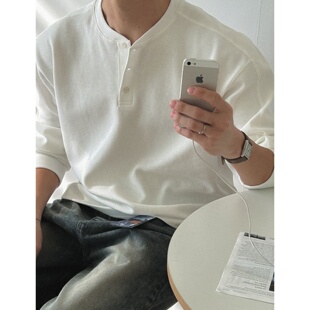 MRDONG韩国代购男装LAINE华夫格高档棉质肌理领亨利长袖上衣T恤