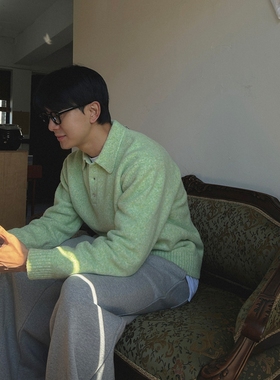 韩国男装代购直播LAINE美利奴羊毛设计师混色翻领针织衫POLO毛衣