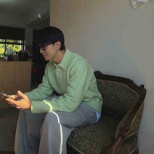 韩国男装代购直播LAINE美利奴羊毛设计师混色翻领针织衫POLO毛衣