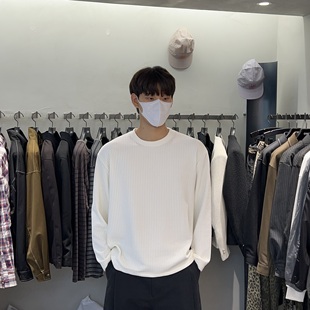 坑条纹理针织TEE圆领宽松长袖 直播cooper高品秋季 T恤 代购 韩国男装