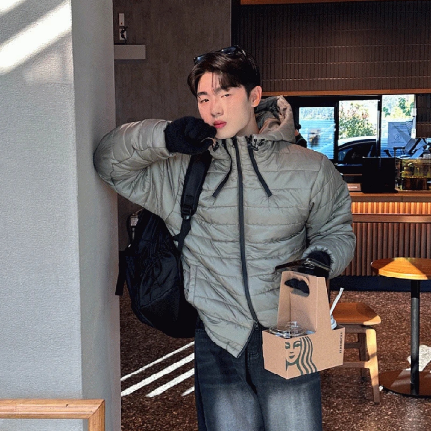 MRDONG韩国男装代购光泽感格子暗纹立领三拉链轻量排骨纹棉服外套