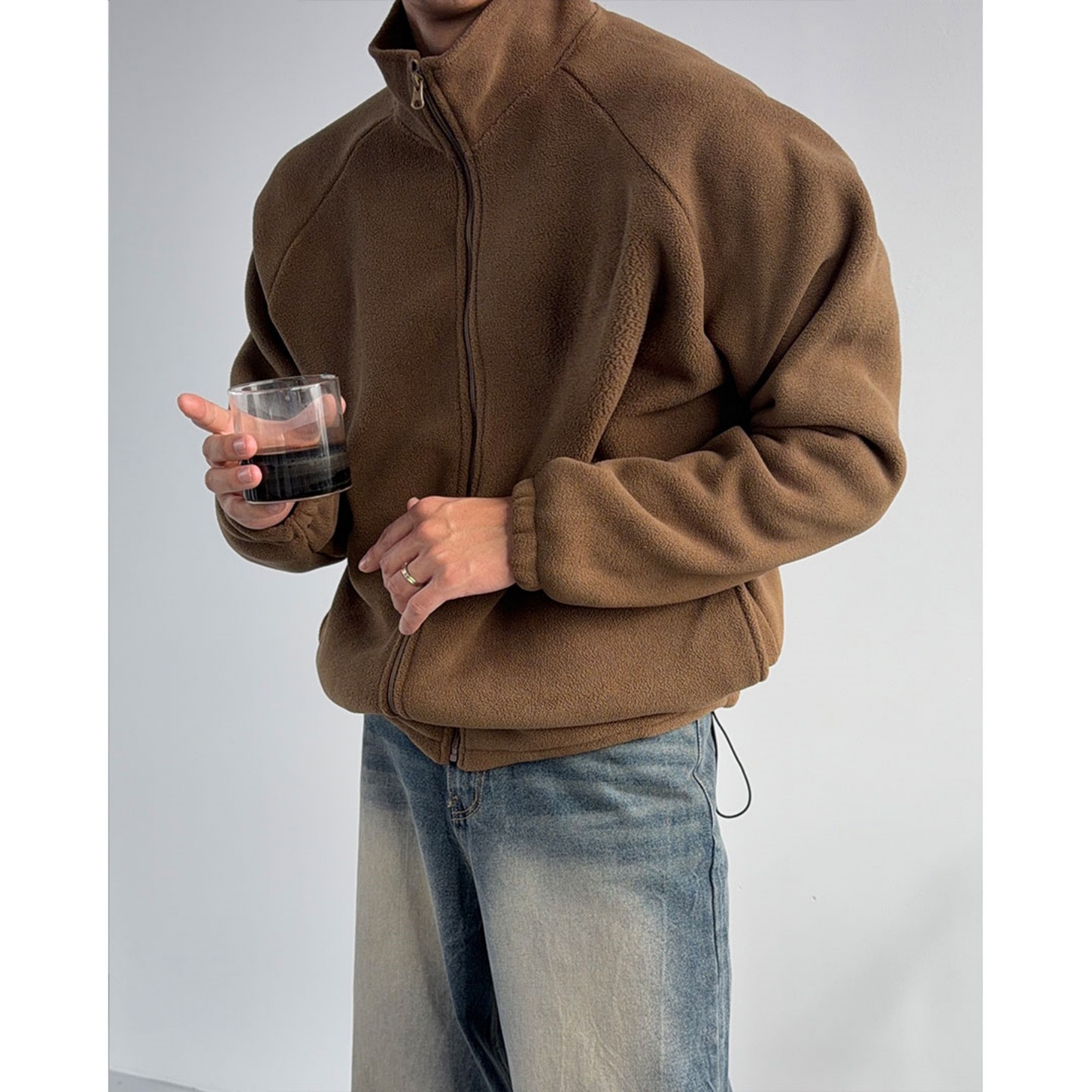 韩国男装摇粒绒立领插肩袖夹克