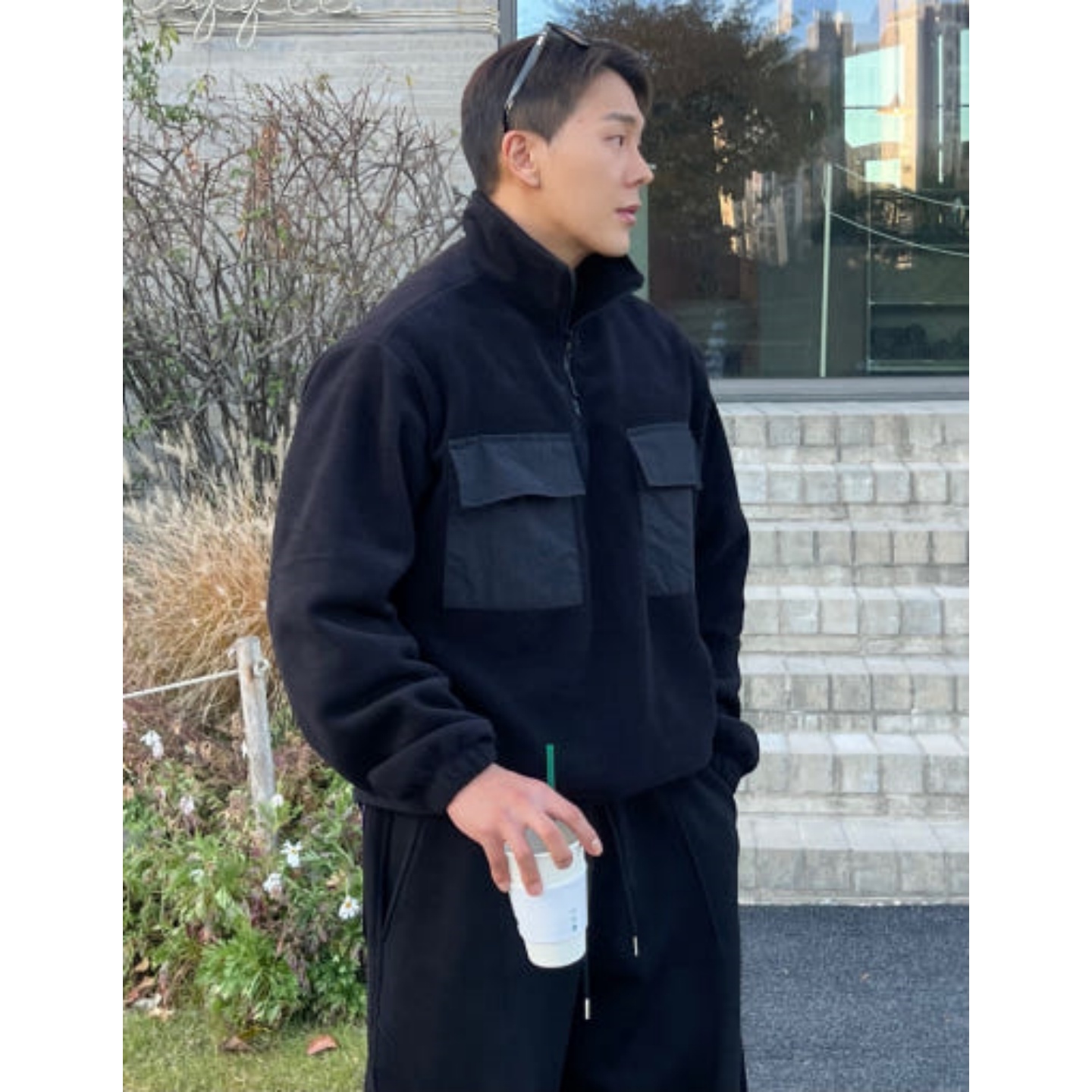 MRDONG韩国男装代购立领半开拉链翻盖双口袋毛绒宽松抽绳套头卫衣