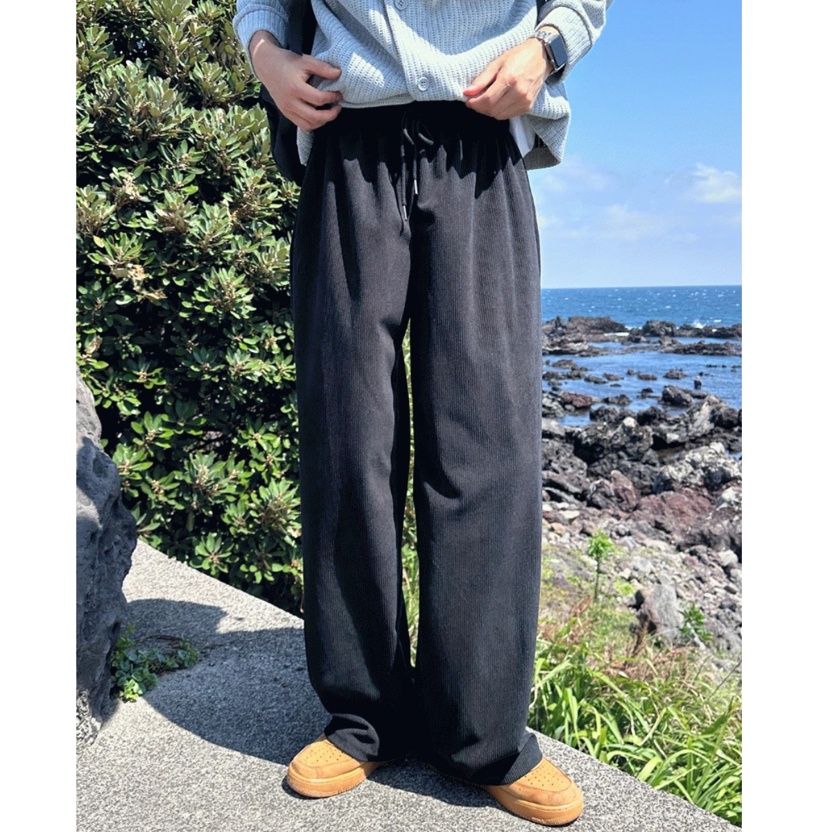 韩国男装灯芯绒坑条纹理休闲裤