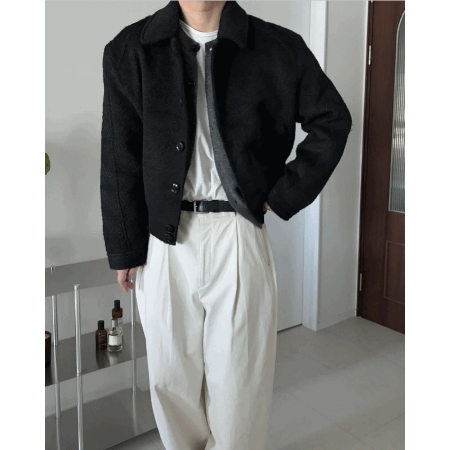 MRDONG韩国男装代购MENTO高档波纹肌理绒感翻领短款毛呢夹克外套