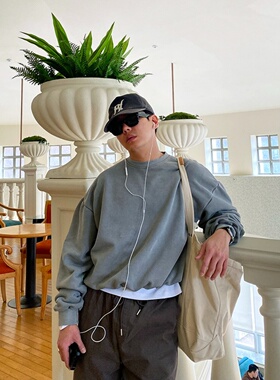 MRDONG韩国代购男装春季水洗做旧落肩宽松圆领卫衣复古街头慵懒