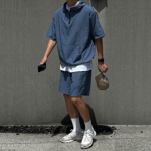 短袖 T恤短褲 代購 運動休閑套裝 半拉鏈連帽尼龍薄款 MRDONG韓國男裝