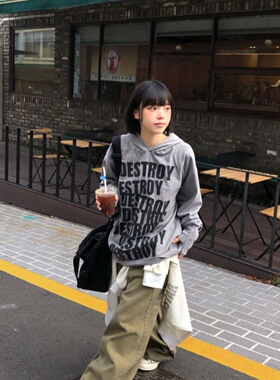 MRDONG韩国代购男女做旧字母连帽长袖套手卫衣宽松复古水洗薄慵懒