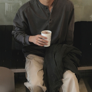 韩国男装代购直播LAINE高捻棉亨利领拼接肘部掐褶高品水洗长袖T恤