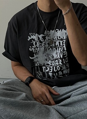 MRDONG韩国代购男装涂鸦字母印花短袖宽松圆领街头情侣百搭T恤