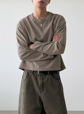 MRDONG韩国男装代购时尚短款秋季天鹅绒坑条纹理针织宽松长袖T恤