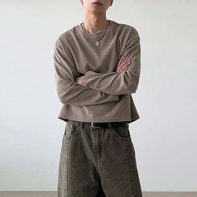 韩国男装短款秋季天鹅绒坑条T恤