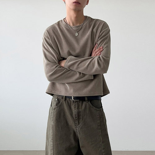 韩国男装短款秋季天鹅绒坑条T恤