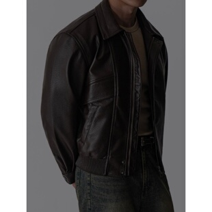 宽松皮衣夹克外套春款 压线灰棕颗粒感翻领短款 男装 MRDONG韩国代购