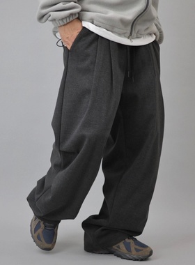 韩国代购男女直播Woogie人造丝毛呢掐褶垂感可束脚950g重工休闲裤