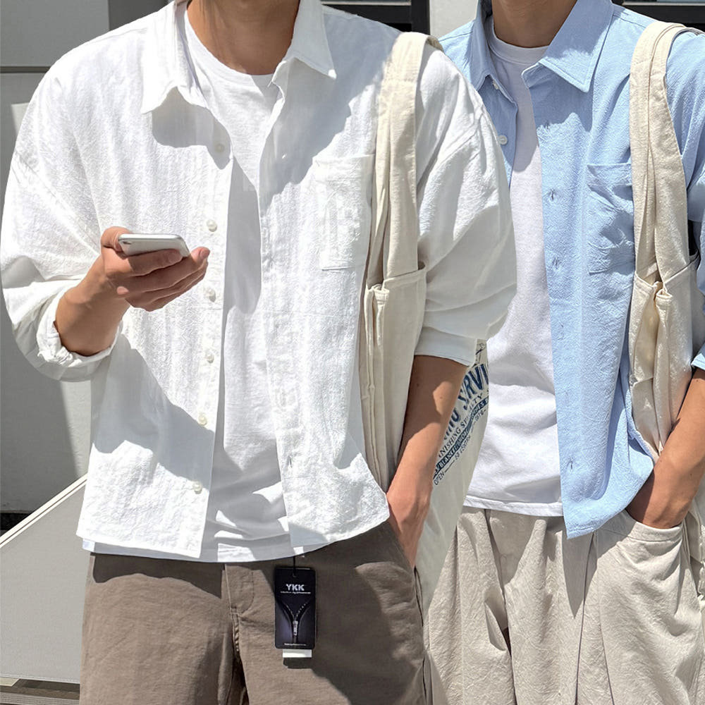MRDONG韩国代购东大门男装亚麻牛津宽松短款长袖衬衫夏季基础百搭