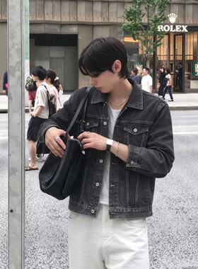 福利秒杀韩国代购男装直播DOT高档做旧短款设计师宽松牛仔夹克