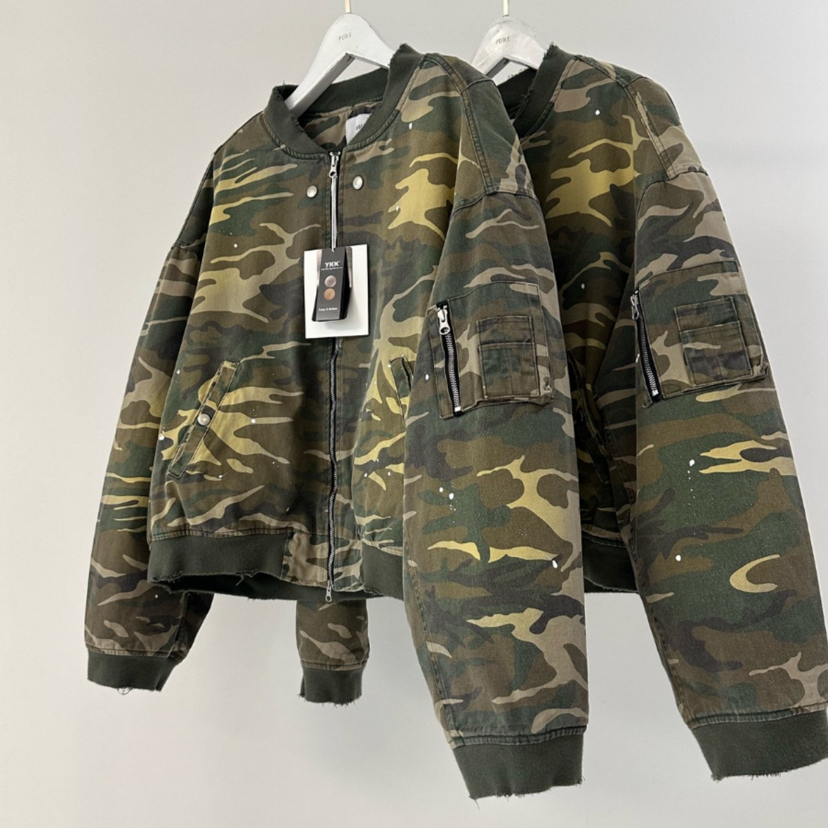 韩国男装代购PURE水洗迷彩色重工磨破MA-1夹棉短款飞行服夹克外套