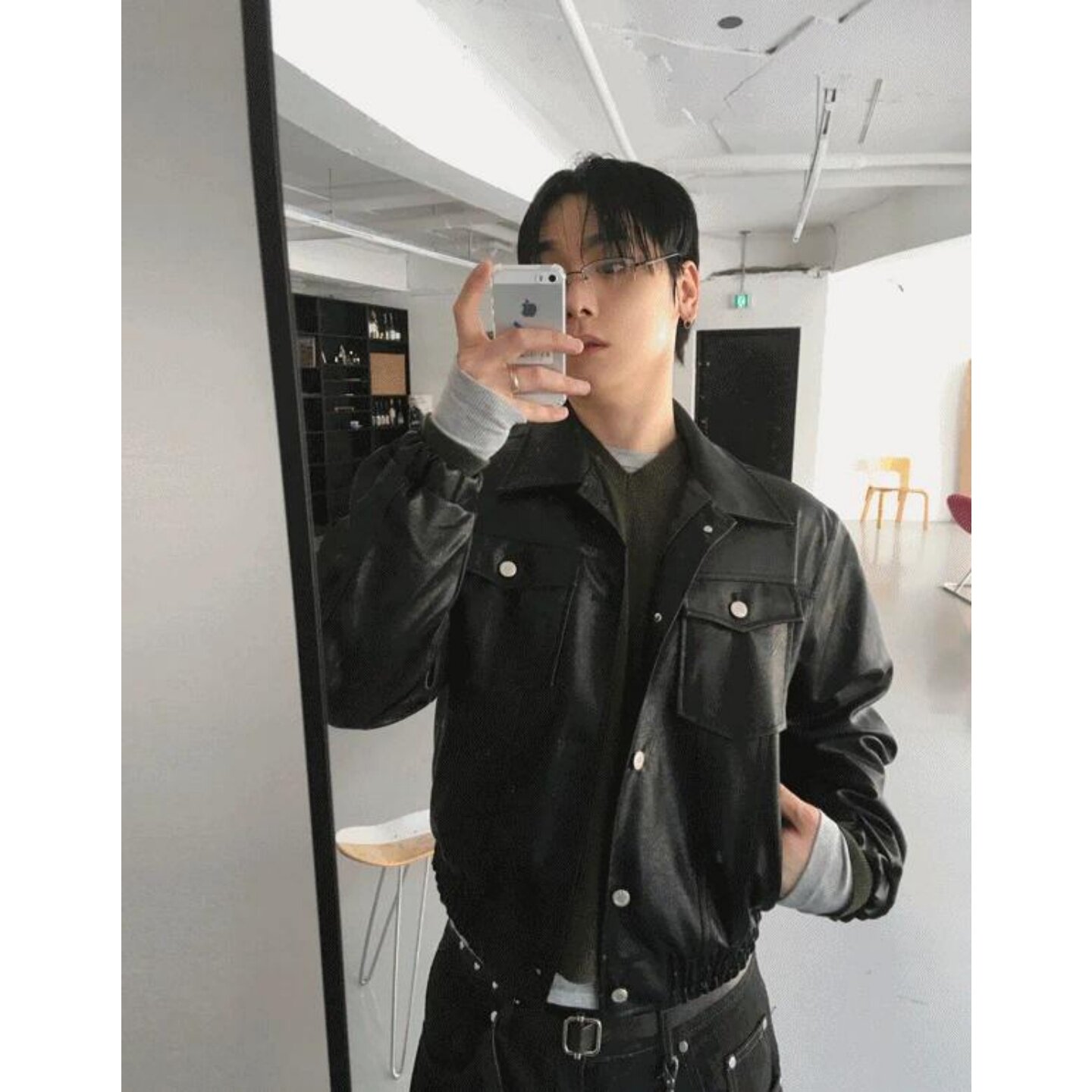 MRDONG韩国代购男装设计师复古棕色皮质夹克机车风短款廓形外套