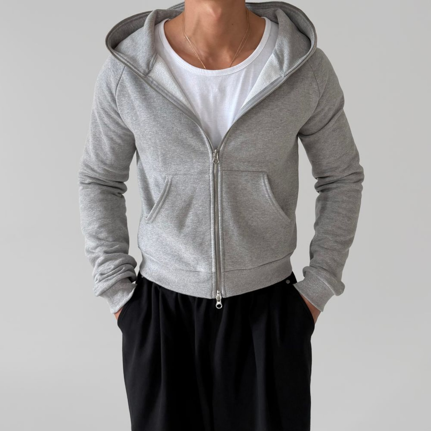 韩国男装修身短款双拉链卫衣开衫