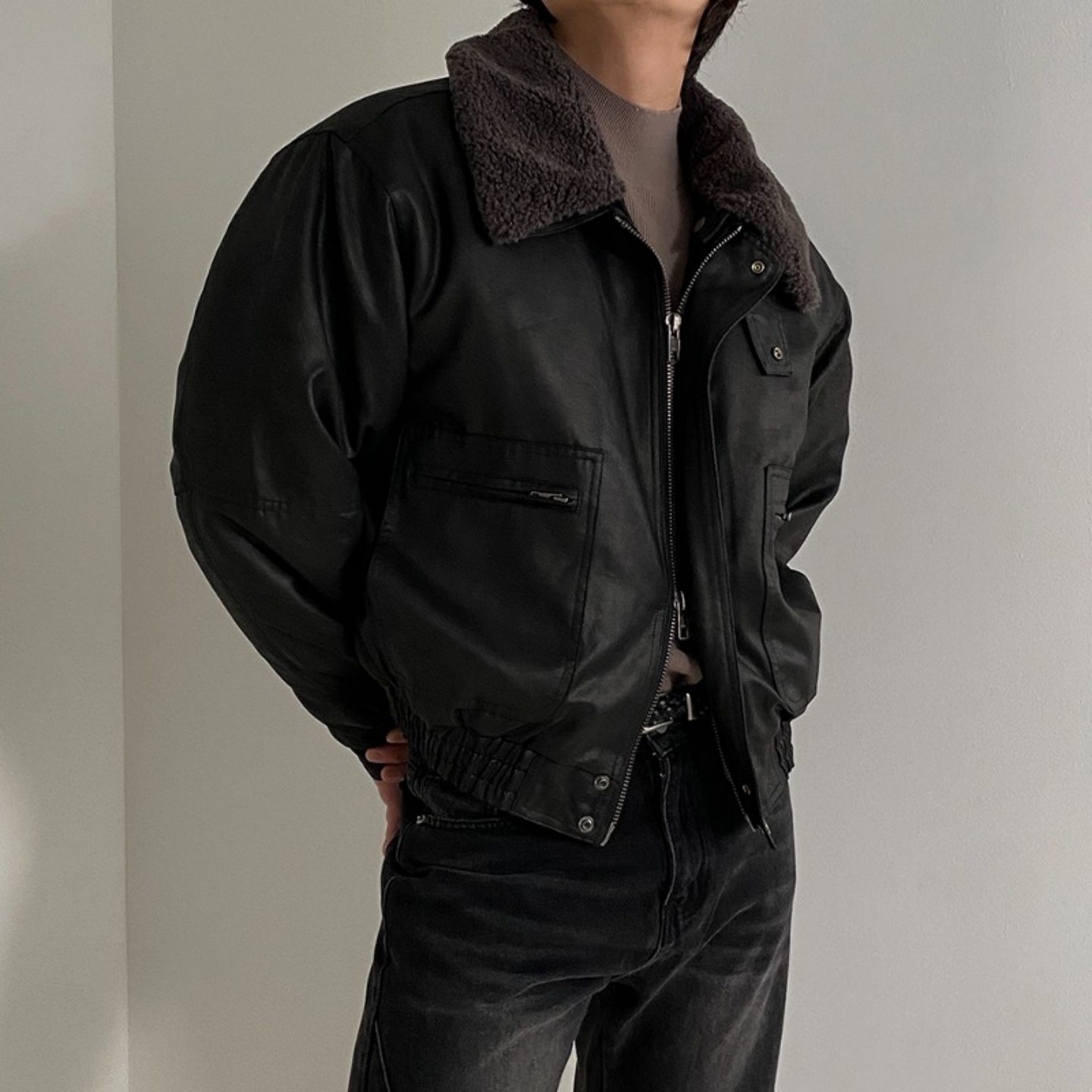 韩国男装可拆卸羊羔绒翻领PU夹克