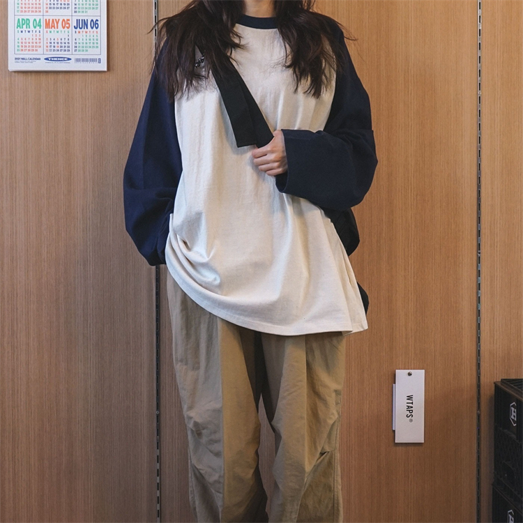 MRDONG东大门韩国男女款代购campus学院风中长撞色插肩OS长袖T恤