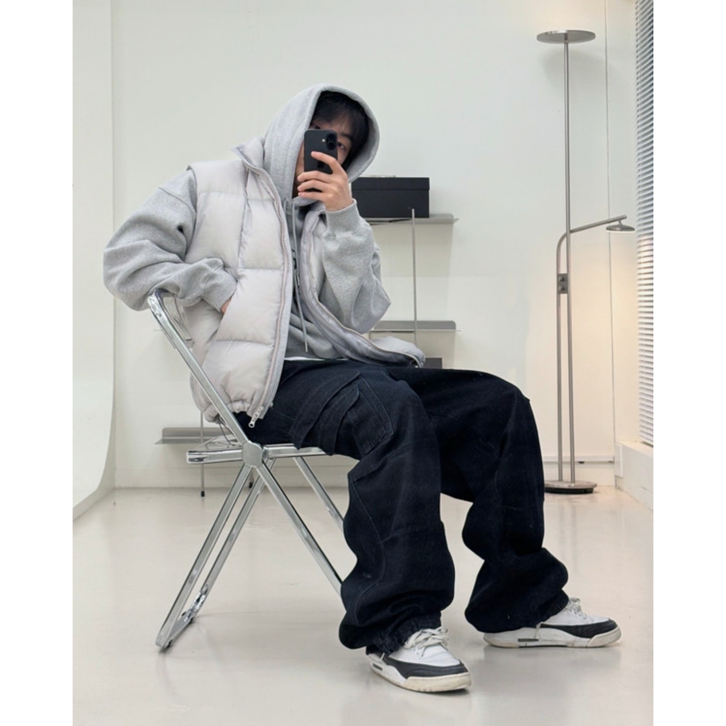 韩国男装空气感格子暗纹羽绒马甲