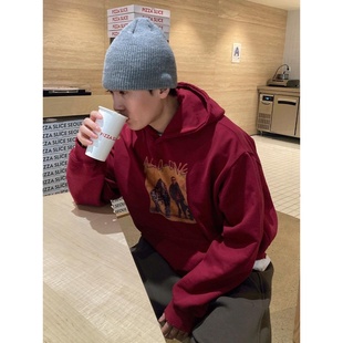 MRDONG韩国代购男装美式复古人物印花连帽卫衣厚实垂感做旧风格单