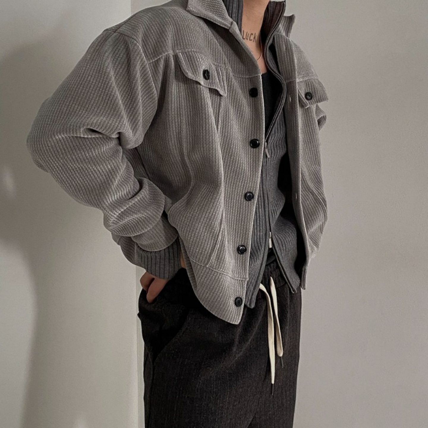 韩国男装短款螺纹灯芯绒翻领开衫