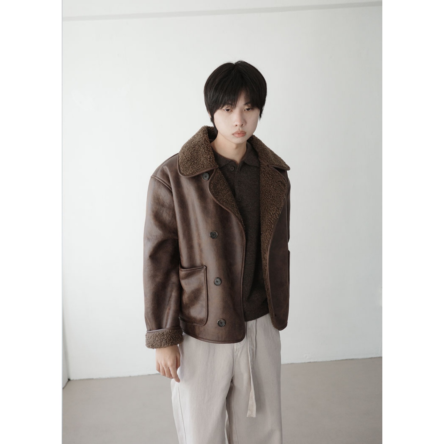 MRDONG韩国代购男装皮毛一体复古外套加厚保暖冬季百搭宽松质感PU