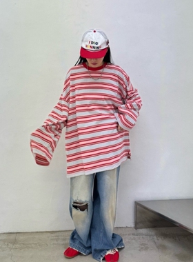 MRDONG韩国代购男女韩系彩条宽松落肩设计感长袖T款复古气质中长