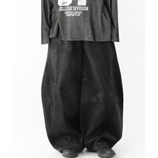 立体剪裁宽松街头 做旧涂层破坏阔腿休闲牛仔裤 MRDONG韩国代购 男装