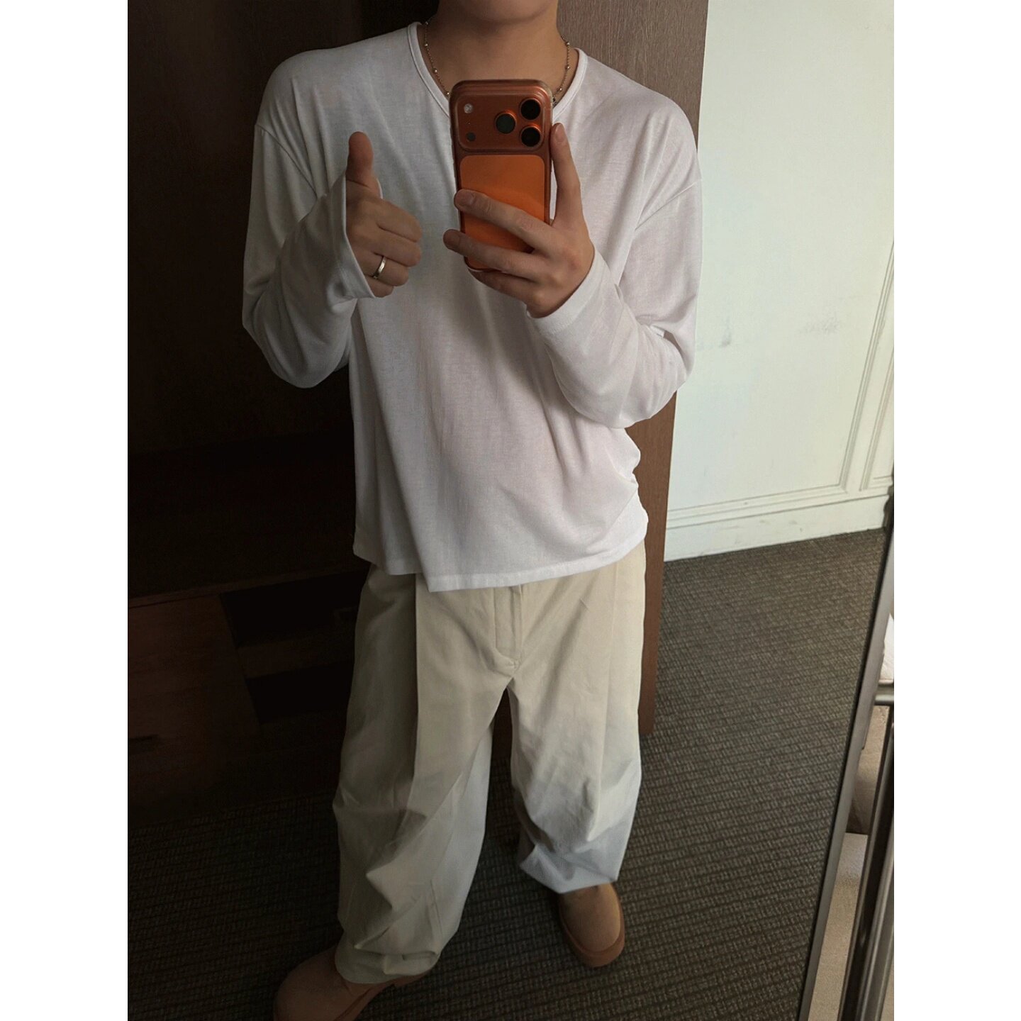 MRDONG韩国代购东大门男装轻薄纯色宽松垂坠U型圆领打底衫长袖T恤