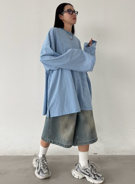 MRDONG韩国代购男装饼干细条纹慵懒廓落肩宽版长袖衫气质长款高级