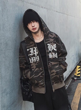 MRDONG韩国代购男装学院风迷彩字母印花拉链连帽宽松街头卫衣外套