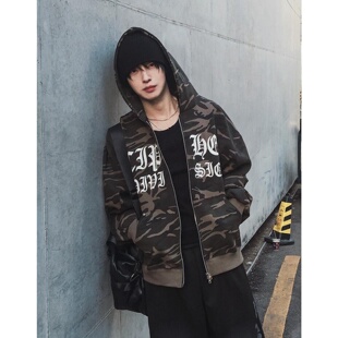 MRDONG韩国代购男装学院风迷彩字母印花拉链连帽宽松街头卫衣外套