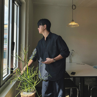 MRDONG韩国男装 vintage做旧水洗纯棉轻熟单口袋宽松长袖 衬衫 代购