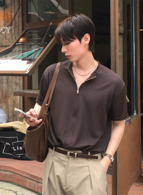 MRDONG韩国男装代购薄款天丝人造丝混纺立体纹理拉链短袖开衫T恤