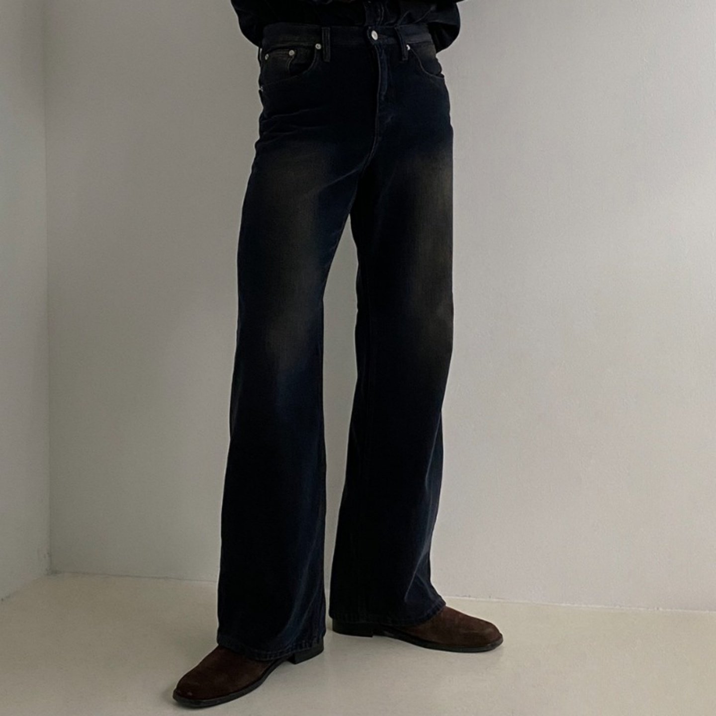 MRDONG韩国代购男装加绒牛仔裤微喇设计师重工轻奢高档秋冬