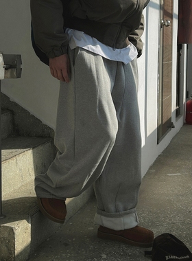 韩国男装代购直播MOLE切割拼接抓绒街头设计感阔腿可束脚休闲卫裤