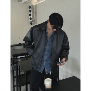 机车外套设计师 气质小众翻领宽松皮衣夹克短款 MRDONG韩国代购 男装