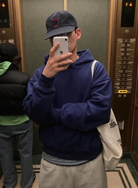 MRDONG韩国代购男装纯色短版连帽卫衣宽松轮廓街头潮流重工质感款