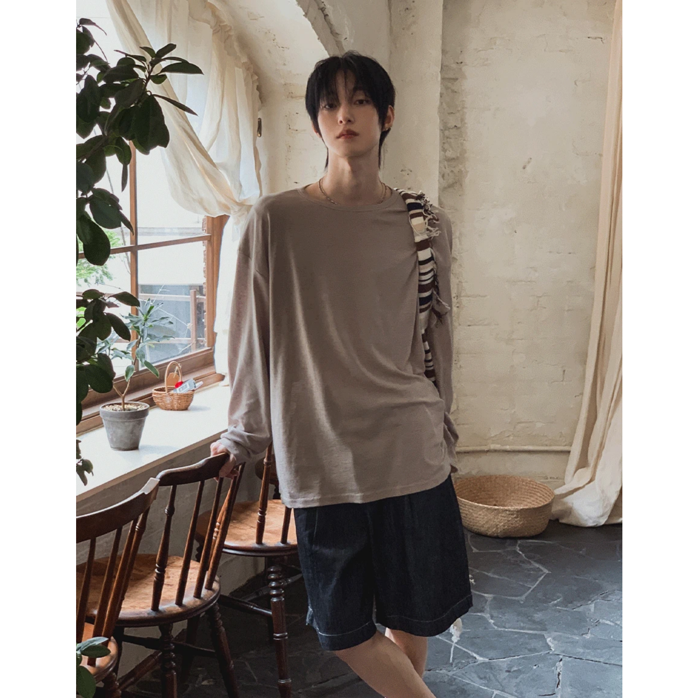 MRDONG韩国代购东大门男装亚麻透视垂坠宽袖长袖T恤休闲小众潮款