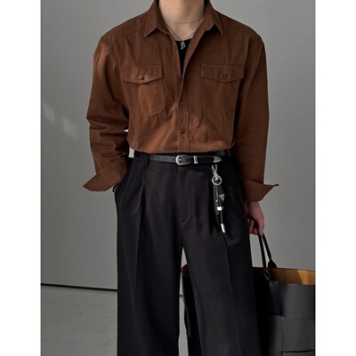 韩国代购西部口袋棉质衬衫硬挺